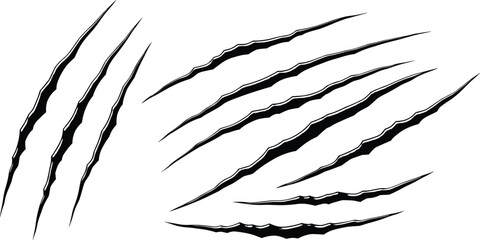 Animal claw scratch marks, wild predator attack slashes, realistic torn skin effect, dangerous beast damage design, sharp ripped cut illustration vector art