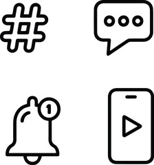 Illustration of hashtag symbol, speech bubble, notification bell and phone with play icon