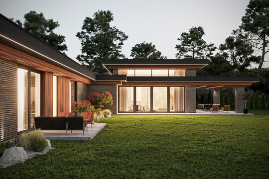 3D visualization of a modern house with an inner courtyard