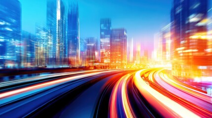 Vibrant cityscape at night with blurred lights and skyscrapers, showcasing urban movement and energy