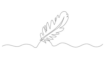 Single Line Drawing of a Feather on Wavy Line quill