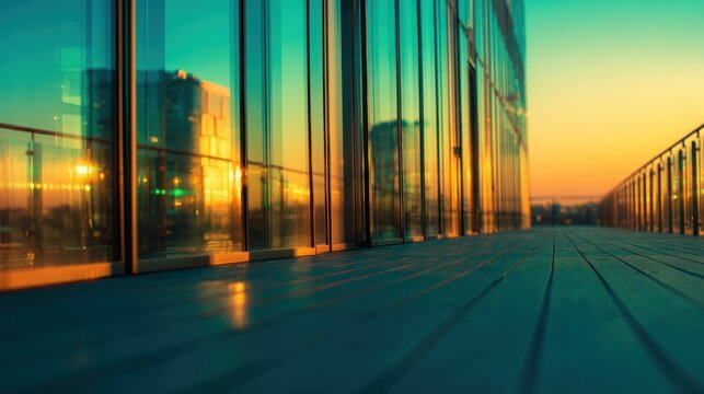 Modern glass building reflecting sunset hues, with a wooden walkway leading towards the horizon