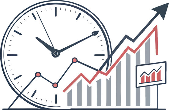 Hand drawn clock face combined with a rising bar graph and line chart indicating financial growth and time management isolated on transparent background