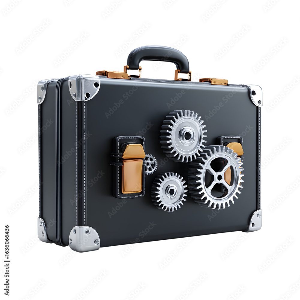 Poster sophisticated briefcase with intricate gears symbolizing complex business mechanics, transparent bac