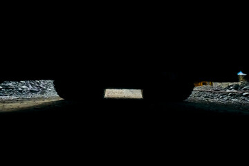 View from below from under the wheels to bottom of the truck.