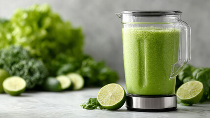 Green smoothie in blender with fresh leafy vegetables and limes.