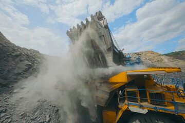excavator loads crushed stone into the body of the dump truck with a bucket.
