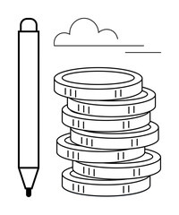Pen placed next to stacked coins under a cloud, representing money, business, ideas, writing, savings, investments, planning and creativity. Ideal for financial growth concepts in a simple flat
