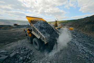 dump truck dumps crushed stone from the body onto a pile of crus