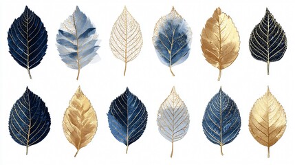 Obraz premium Elegant Golden and Blue Tree Leaves on White Background - High-Quality Stock Photo