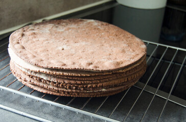 Homemade shortbread chocolate cakes on kitchen background, isolated.