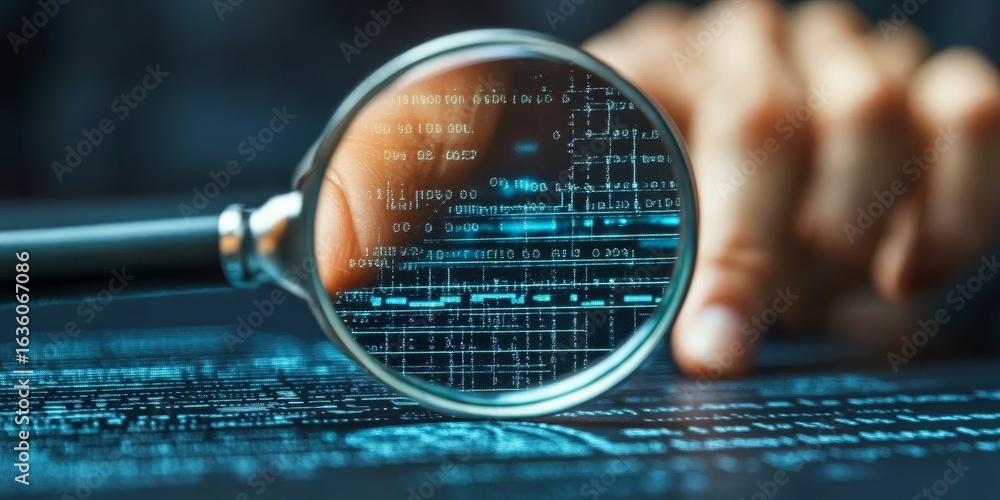 Poster code data examination with a magnifying glass for cyber security threat analysis and prevention