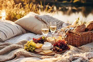 Romantic picnic scene with wine, cheese, grapes, and bread, set against a golden sunset by the water.