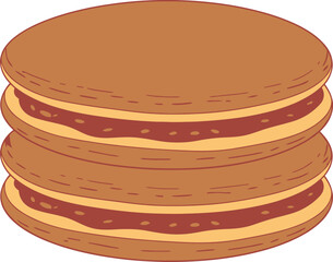 Delicious Stack of Three Brown Pancakes with Red Sweet Filling.