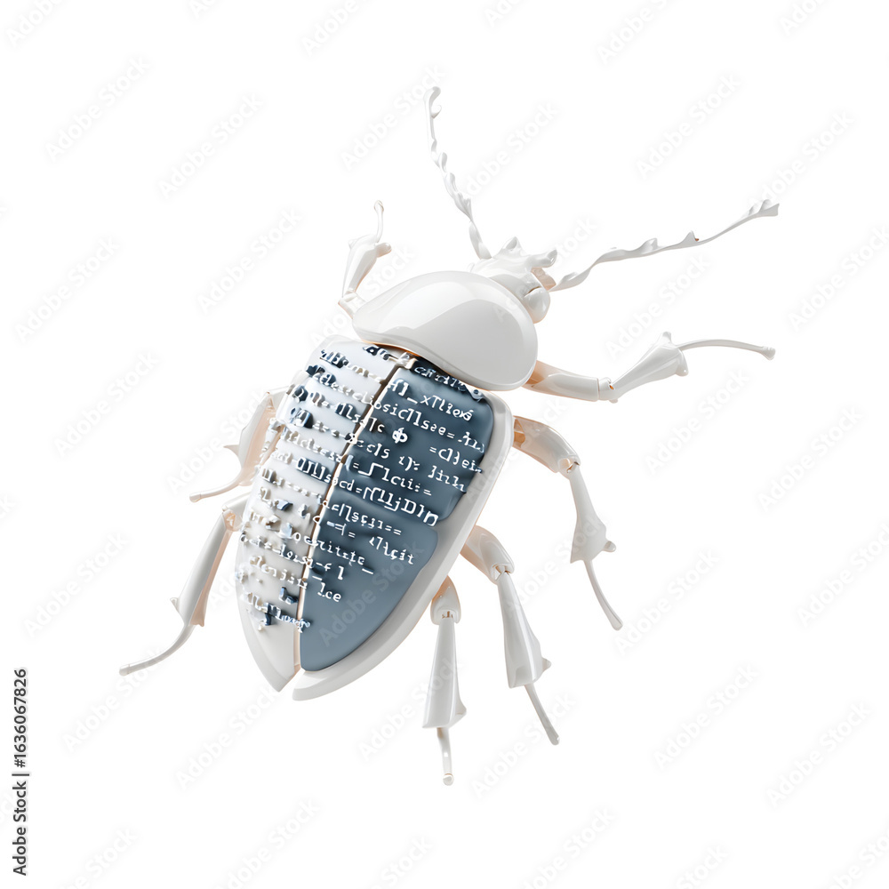 Poster abstract beetle with code displayed on its shell, symbolizing cybersecurity, transparent background