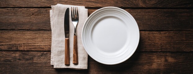 Empty plate, knife, fork on rustic wooden table