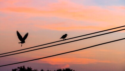 Birds on power lines at sunset