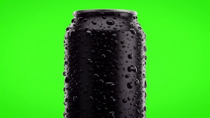 Blank matte black soda can covered in fresh water drops. A refreshing cold drink concept on a green chroma key background. - Powered by Adobe