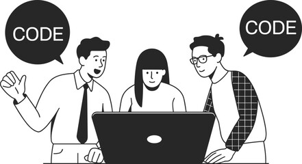 Teamwork in coding, software development team, programmers collaborating, group project discussion, coding session, learning to code, flat vector illustration