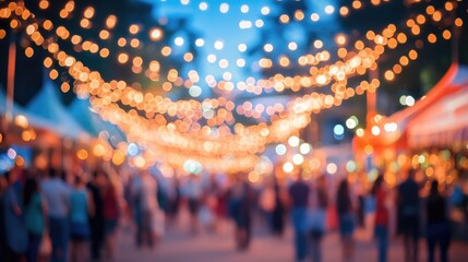 Fototapeta premium Blurred background of a vibrant scene of a busy avenue adorned with festive lights during the holiday season. crowds gather, celebrating the joy and excitement of winter festivities.
