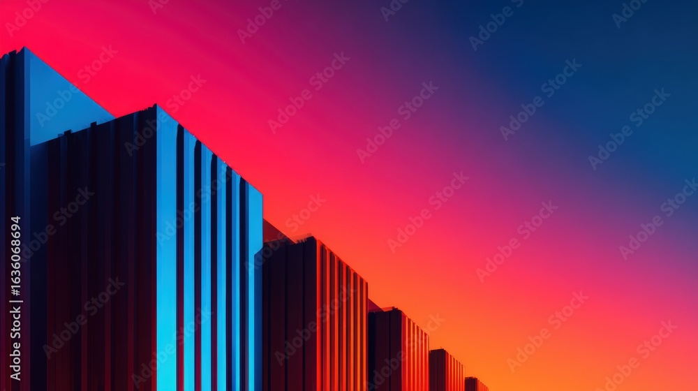 Poster abstract skyline at sunset featuring colorful gradient sky illuminating modern architectural structu