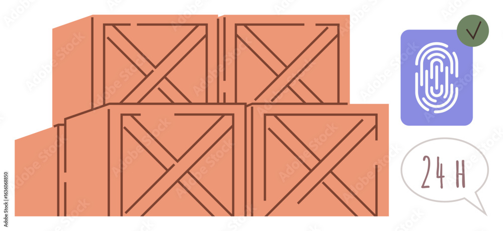 Poster stacked wooden crates signify organized storage. highlighted fingerprint icon implies biometric secu