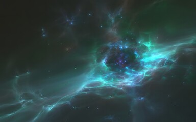 Vibrant teal and blue nebula in deep space