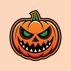 Angry Jacko'lantern pumpkin with green eyes for Halloween on a light orange background