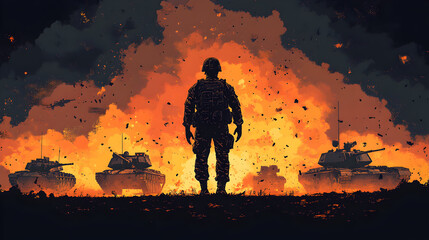 Silhouette of military man standing on scorched earth surrounded by fire, smoke, and blast effects in vector form, showcasing modern war devastation and apocalyptic atmosphere.