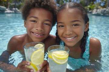 Happy children drinking lemonade in swimming pool
