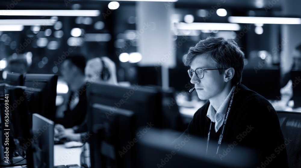 Poster focused young professional working at a computer in a modern office environment with colleagues in t