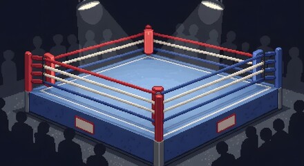 Pixel Art Boxing Ring 8-bit Arena with Crowd, Game Asset, Sport Illustration