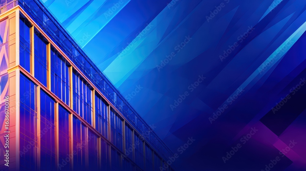 Poster abstract modern building facade with vibrant colors and geometric patterns against a dynamic backgro