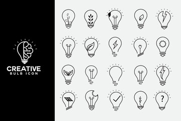 Light bulb innovation idea icon pack design template. Eco light bulb icon collection art vector in an isolated white background. Idea light bulb logo design set. Symbols of creativity, electricity, 