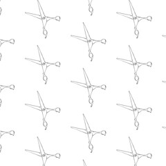 scissors Hair Salon seamless pattern. Vector graphic line ink illustration. For poster, flyer, banner, invitation, social media, party or sale invitation, backdrop, ad, print for t-shirt