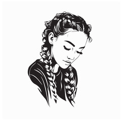 Minimalist Line Art of Female Face with Braided Hair Vector Design