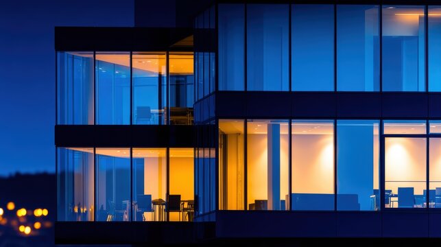 Modern office building at night, illuminated windows showcasing workspaces against a city skyline backdrop