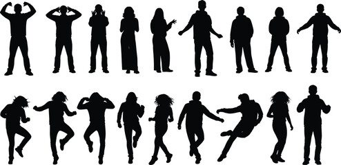A dynamic collection of black silhouettes of people in various poses, from standing and gesturing to dancing and exercising, perfect for diverse design projects.