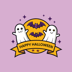 Happy Halloween cute ghosts and bats on a yellow ribbon badge design
