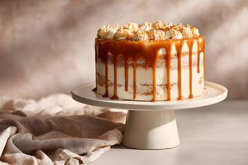 Close-up of a caramel drizzle layer cake with sea salt flakes on a sleek cake stand