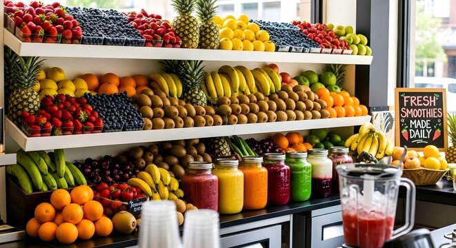 The image depicts a vibrant fruit stand with various fruits and juices, featuring a chalkboard sign reading "FRESH JUICE MADE TO ORDER" in white letters, AI Generated. - Powered by Adobe