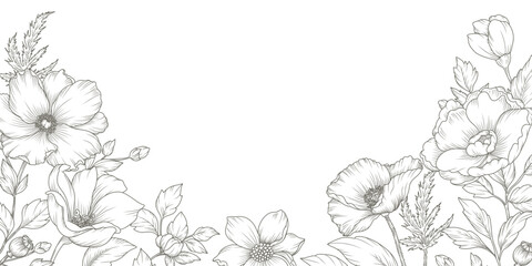 Floral background with hand drawn flowers and leaves. Elegant Botanical line art. Tender Vector illustration for wedding invitation, cover, banner, package, card, wallpaper