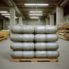 Stacked metal cylinders on pallets in an industrial warehouse.
