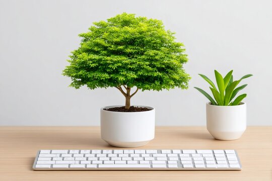 Plants decorating modern desk with wireless keyboard