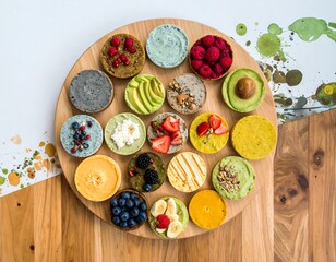 Colorful assortment of small tarts on a wooden platter