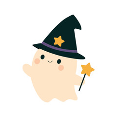 Cute smiling ghost in a wizard costume, with a pointed hat and holding a magic wand. Adorable Halloween character in flat style, perfect for stickers, postcards, and holiday decor.