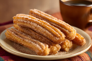 Close-up of golden churros dusted with cinnamon sugar on a simple plate