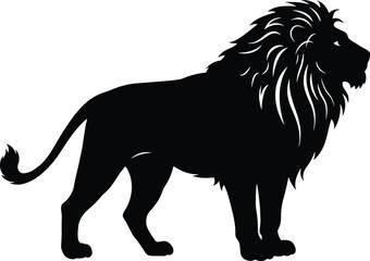 Black lion silhouette illustration, majestic wild animal profile, powerful mane, African safari wildlife symbol, big cat vector art, jungle predator design