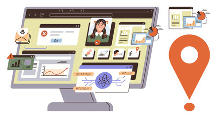 Computer screen with charts, videos, security alerts, bugs crawling on files, and location icon. Ideal for technology, cyber risk, networking hacking malware software digital safety. Simple flat