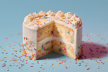 Vibrant slice of confetti cake with smooth white frosting and colorful sprinkles on blue background